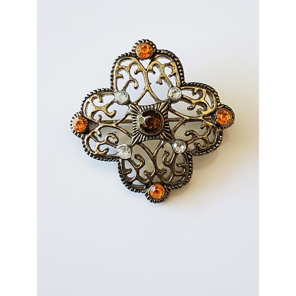 Vintage Orange Rhinestone Brooch